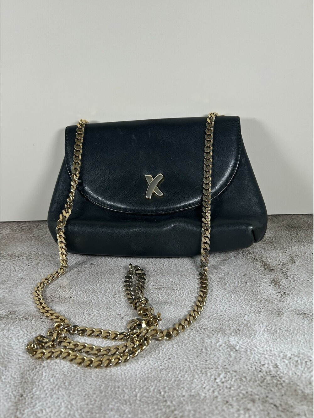 Paloma Picasso Vintage Black Leather X Leather Flap Crossbody Bag Purse